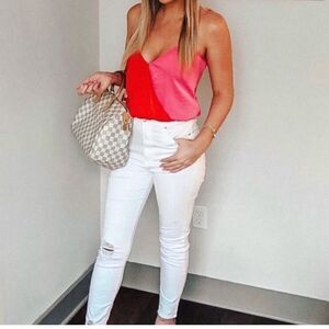 NWT FLETCH Two Tone Bodysuit Red & Pink Satin- Size Small